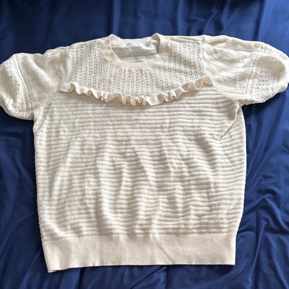 LOFT Cream Ruffled Knit Sweater